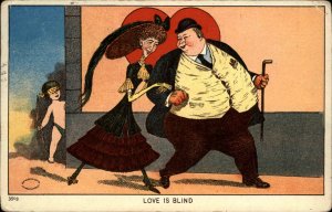 Valentine Comic Cupid Fat Man Ugly Woman Love is Blind c1910 Postcard