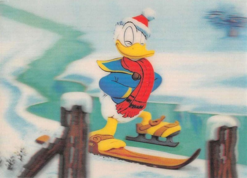 Disney 3D Lenticular Donald Duck Ice Skating Skiing Vintage Postcard AA36798