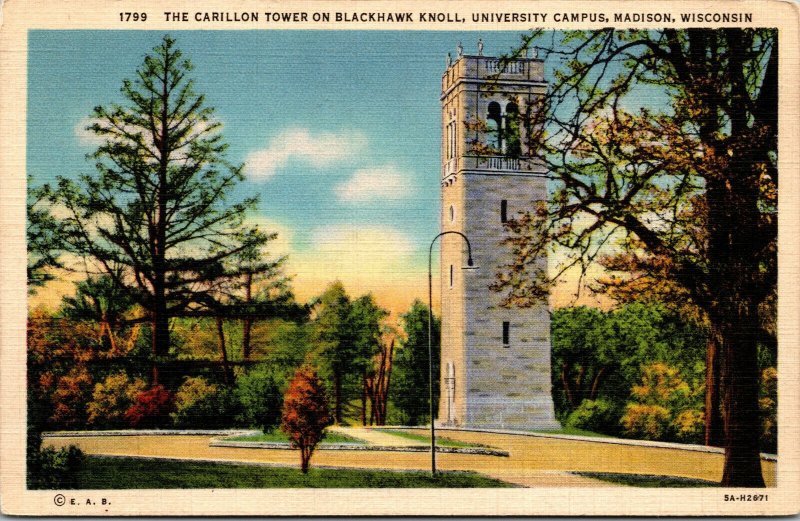 Vtg 1930s Carillon Tower Blackhawk Knoll University Campus Madison WI Postcard