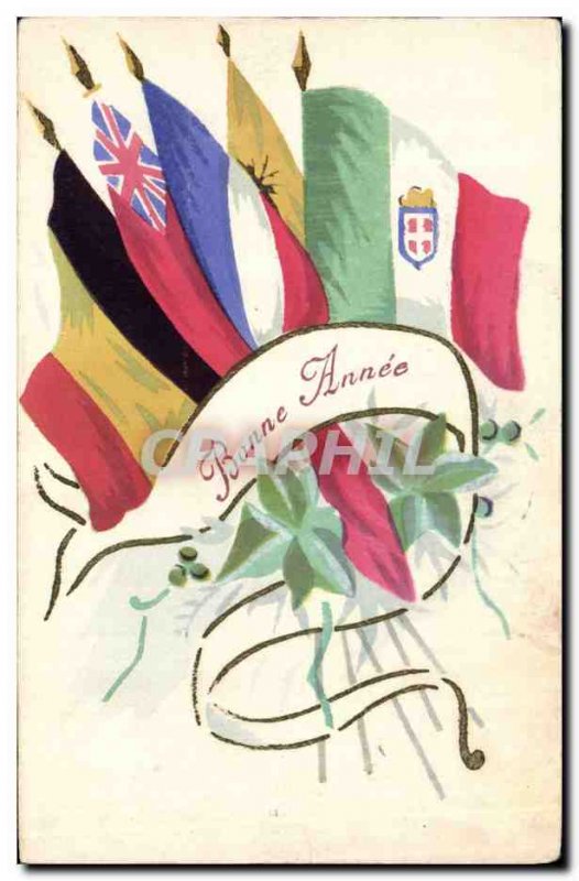 Old Postcard Fancy (drawing hand) Flags Flowers