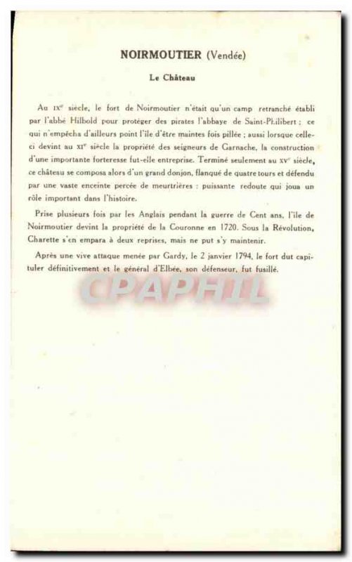 Old Postcard Noirmoutier Chateau