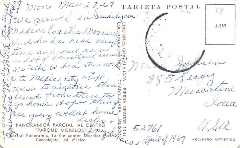 Parque Morelos Guadalajara Mexico Tarjeta Postal 1967 Missing Stamp 