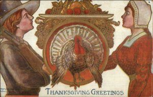 Thanksgiving Pilgrim Man & Woman Gun on Shoulder c1910 Postcard
