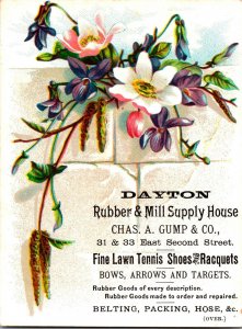 Vintage Beautiful Flowers Tennis Shoes & Racquets Victorian Trade Card Dayton,OH