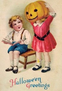 Halloween Postcard Ellen Clapsaddle Child JOL Pumpkin On Head Series 106 Wolf