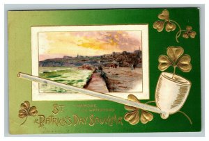 Vintage 1910's Winsch St. Patrick's Day Postcard Gold Pipe Clovers Waterford