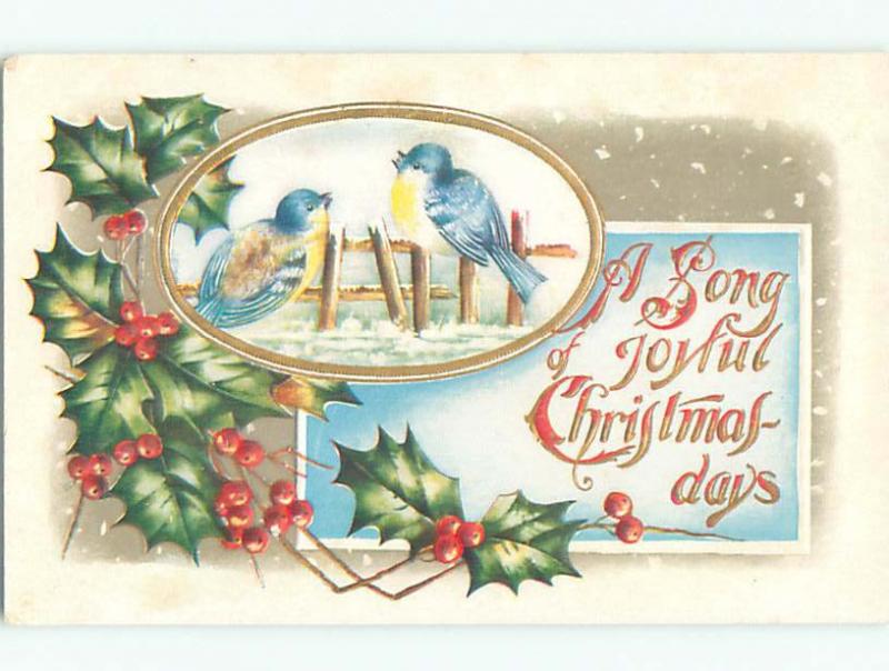 Pre-Linen christmas BEAUTIFUL BLUEBIRD BIRDS SITTING ON FENCE J1672