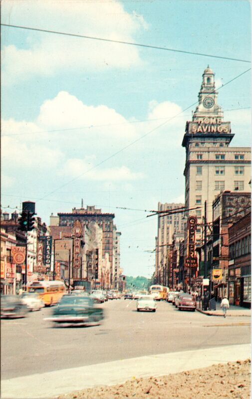 Youngstown Ohio E W Federal St Downtown Clock Tower Central Postcard