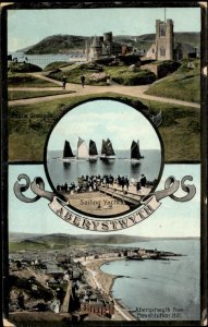 Aberystwyth Wales Castle Grounds, Sailboats, Aerial View c1915 Vintage Postcard