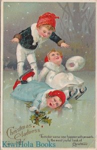 Postcard Christmas Gladness Children Ice Skating on Pond