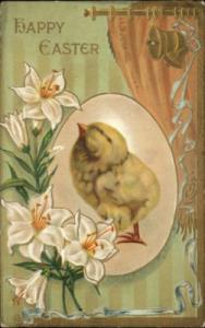 Embossed Easter Lilies Chick Gilt c1910 Postcard