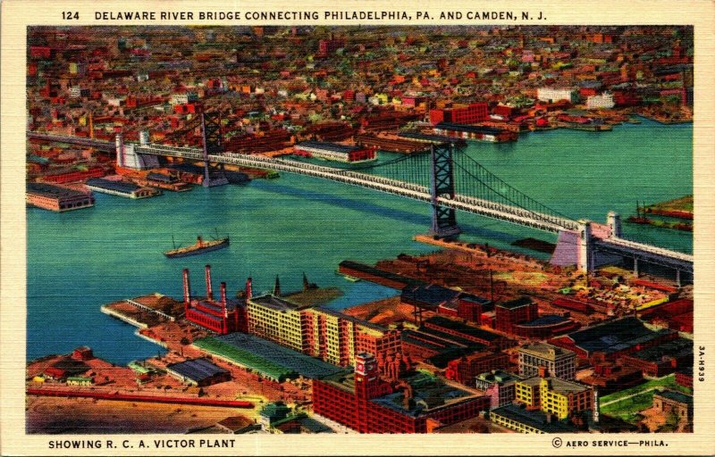 Delaware River Bridge Camden New Jersey NJ UNP Linen Postcard A6