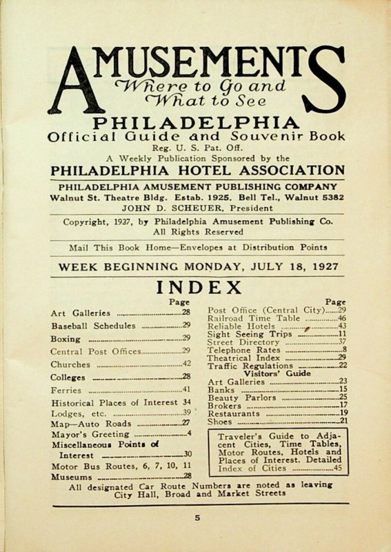 1927 Green's Hotel Amusements Official Guide and Souvenir Book Philadelphia