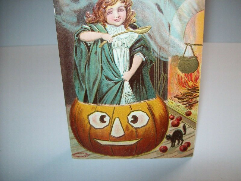 Vintage Halloween Postcard Sanders 1908 Original Embossed Witch Inside Pumpkin 