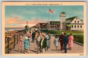 1951 VIRGINIA BEACH U S COAST GUARD STATION*VA*AMERICAN FLAG*VINTAGE LINEN CARD