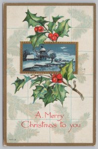 Holiday~Holly Windmill & Christmas Greeting~Vintage Postcard