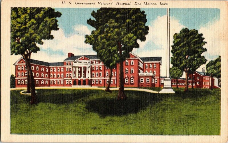 U.S. Government Verterans’ Hospital Des Moines Iowa Vintage Linen Postcard Vtg 