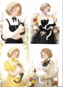 Girls with their cats Lot of four (4) modern, artist drawn PC. Made in China