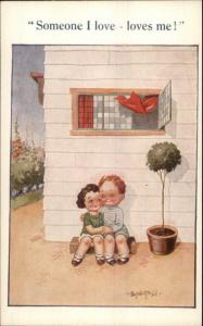 Donald McGill - Cute Kids Romance SOMEONE I LOVE - LOVES ME Postcard