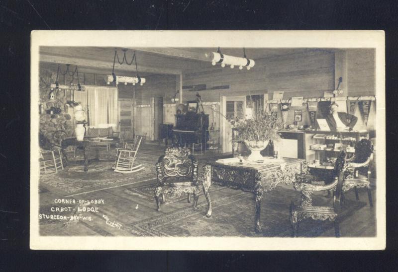 RPPC STURGEON BAY WISCONSIN DOOR COUNTY LODGE INTERIOR REAL PHOTO POSTCARD