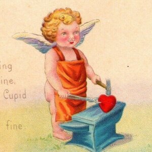 Vintage 1910's Valentine Postcard Cute Cherub Cupid Blacksmith Working on Heart