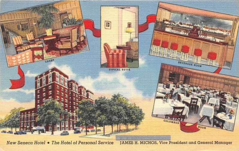Columbus Ohio 1940-50s Postcard New Seneca Hotel Multiview Lobby Beverage Room