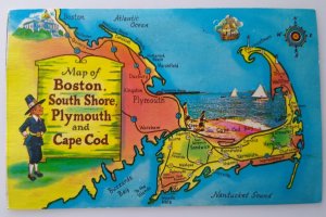 Boston South Shore Plymouth Cape Cod Massachusetts Map Chrome Postcard 1969