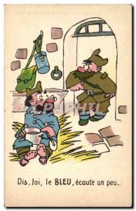 Old Postcard Illustrator Army Humor Say you Blue a little listening