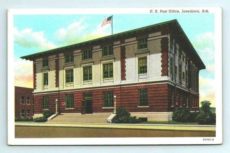 U.S. US Post Office Jonesboro Flag Arkansas Ark Postcard Vintage Building 