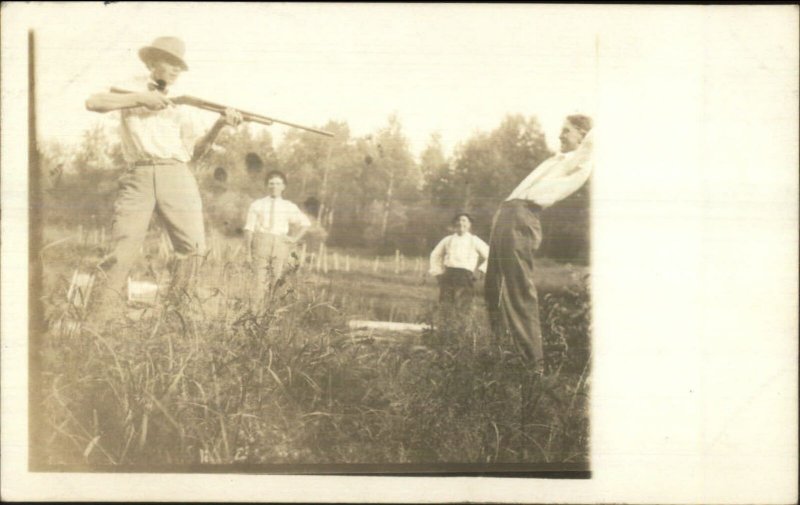 Men Being Silly Hold-UP Hands Up Shotgun Gun c1910 Real Photo Postcard