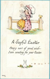 Vintage Postcard 1910's A Joyful Easter Good Wish Greetings Card Girl w/ Bunny