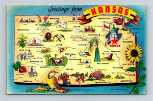 Postcard KS State Map Greetings From Kansas Cities Roads Attractions 1950s #2AM3