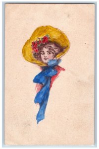 Krebs Iowa IA Postcard Pretty Woman Flowers Hat Hand Painted 1911 Antique Posted