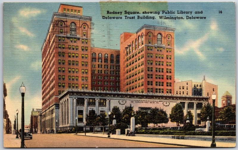 Wilmington Delaware DE, 1941 Rodney Square, Public Library, Street, Postcard