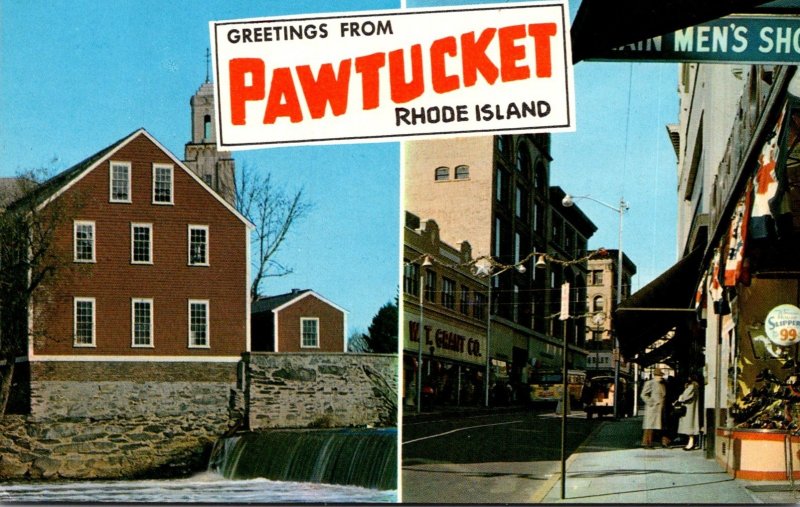 Rhode Island Pawtucket Greetings Showing Main Street and Old Slater Mill