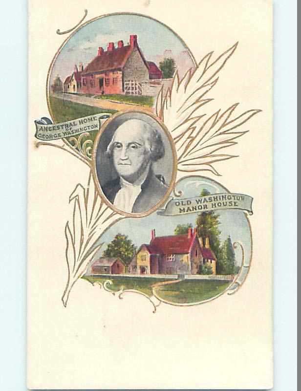 Pre-1907 patriotic PRESIDENT GEORGE WASHINGTON WITH TWO OF HIS HOMES HJ2802