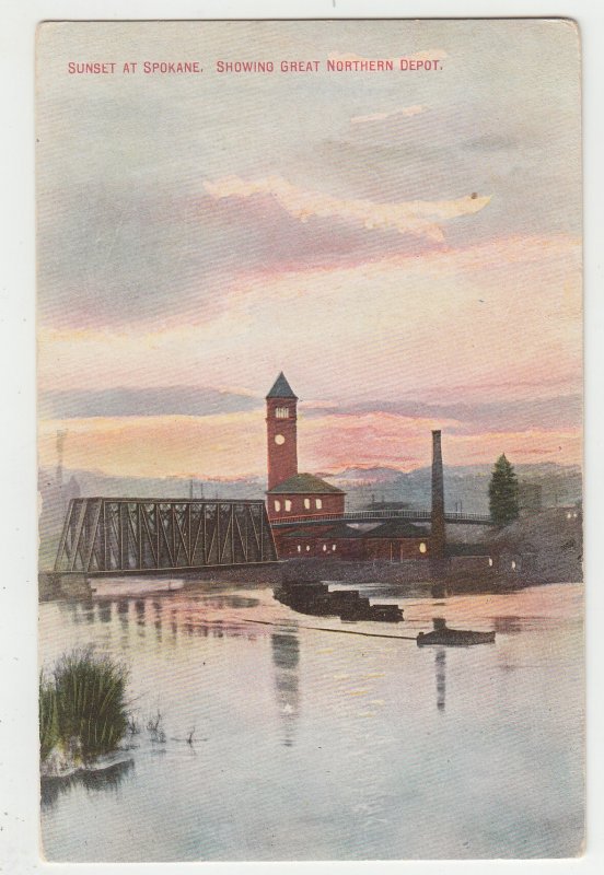 P2903 old postcard sunset at spokane showing great northern depot washington