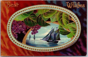 Best Wishes Purple Flowers Seascape Sailboats Greetings Postcard