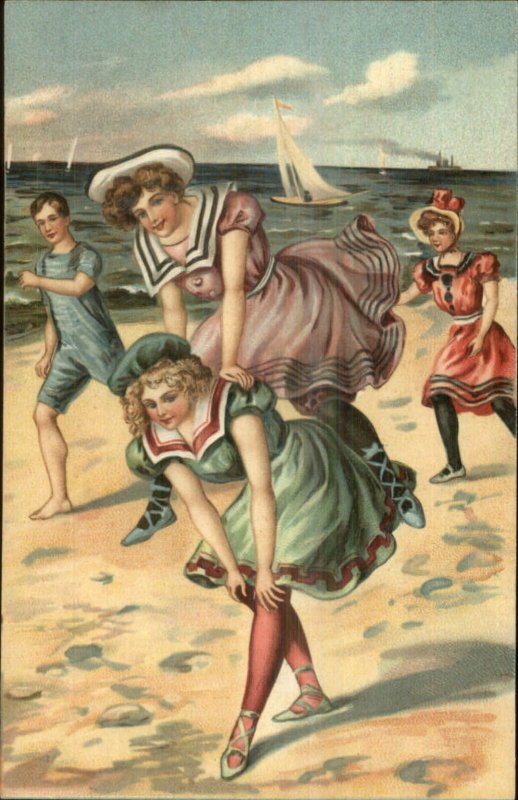 Bathing Beauty Women Playing Leapfrog on Beach c1910 Embossed Postcard