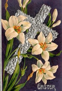 Postcard - Easter Greetings - Silver cross and lillies embossed