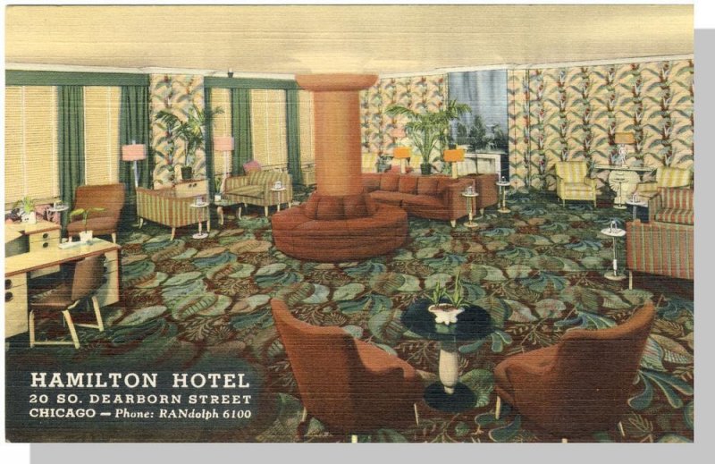 Chicago,Illinois/IL Postcard,Hamilton Hotel/South Room Lobby