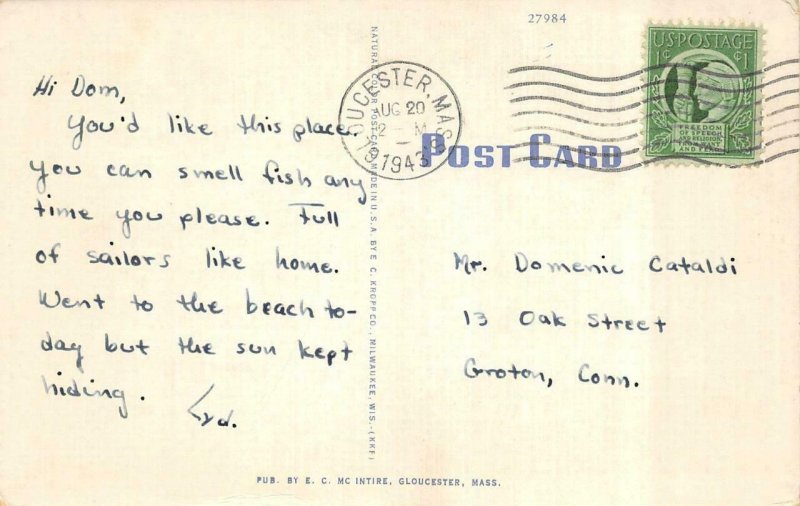 CLOUCESTER, Massachusetts MA   300lb SWORDFISH~FISHERMEN & SCHOONER  Postcard