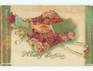 Pre-Linen SHAKING HANDS PLUS ROSE FLOWERS FOR BIRTHDAY k4681