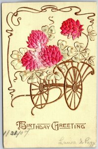 1907 Birthday Greeting Flowers Embossed Cart Calligraphic Design Posted Postcard