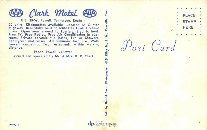 Powell Tennessee 1960s Postcard Clark Motel