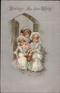 New Year 2 Girls in White & Boy c1910 Postcard