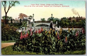 Vtg Chicago Illinois IL Union Park Bridge & Flower Beds 1910s View Old Postcard