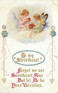 c1914 Embossed Valentine Postcard; Fairies w/ Butterfly Wings, Hearts in a Nest