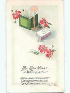 Pre-Linen new year BOOKS WITH CANDLE AND POINSETTIA FLOWERS k5177