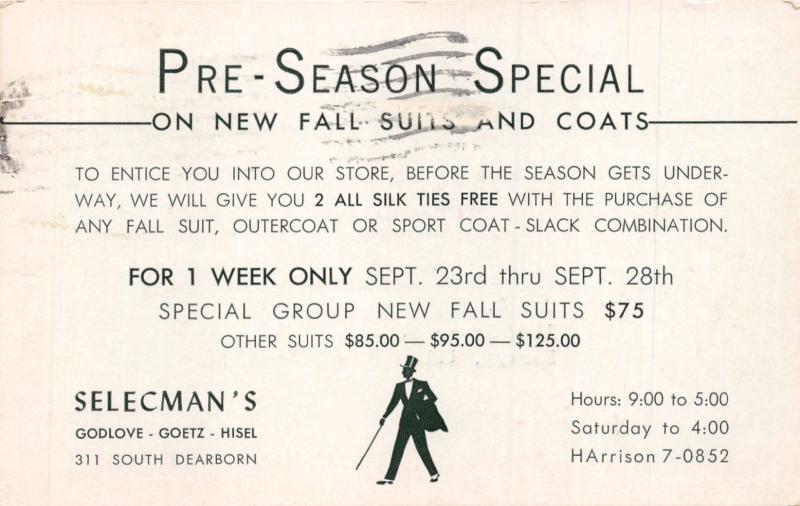 CHICAGO IL SELECMAN'S MENS CLOTHING STORE~PRE SEASON ADVERTISING POSTCARD 1963